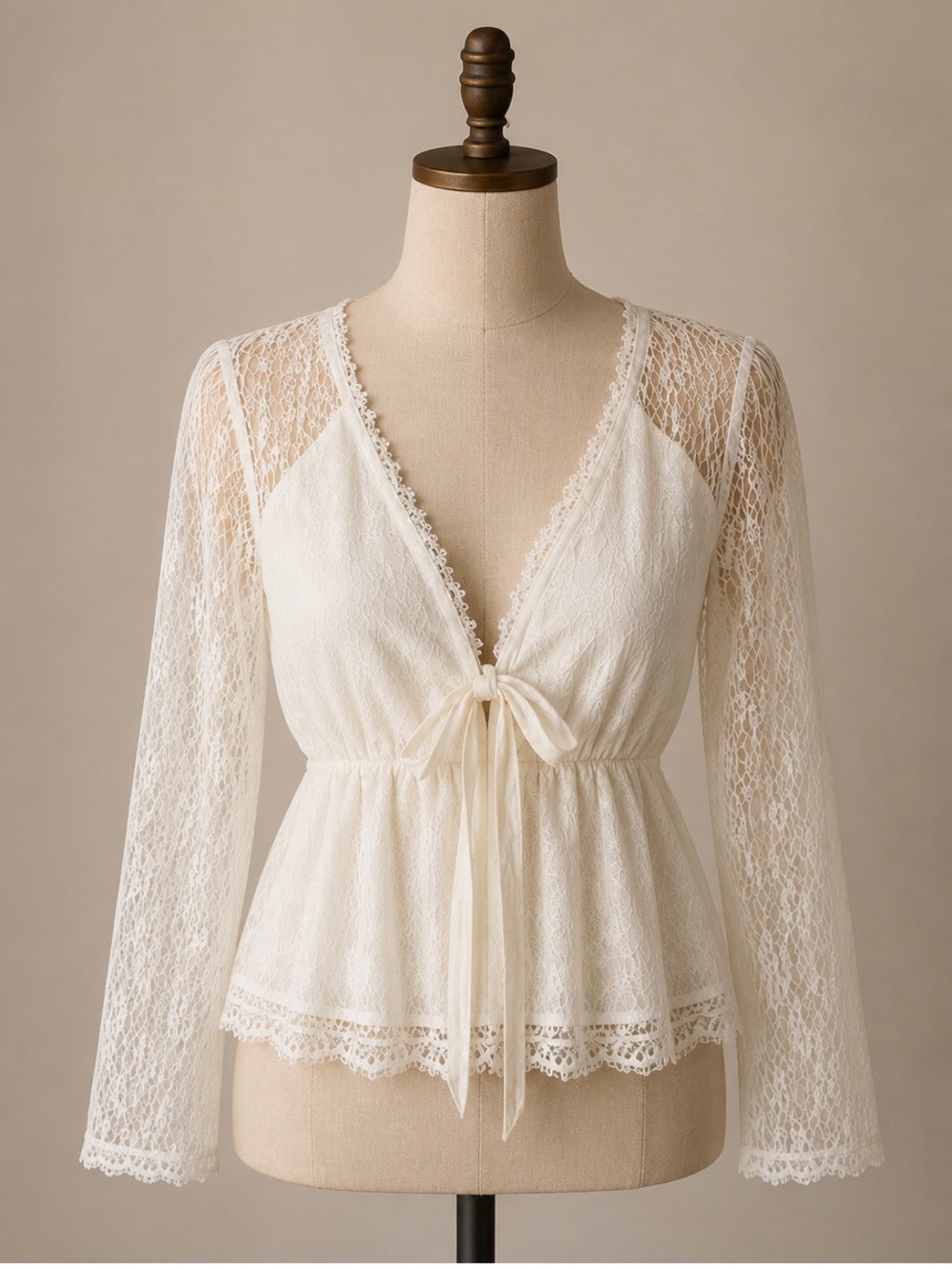 White Lace Peplum Fairy Blouse Size XL Sheer Long Sleeve Tie Front Regency Top - Picture 4 of 5